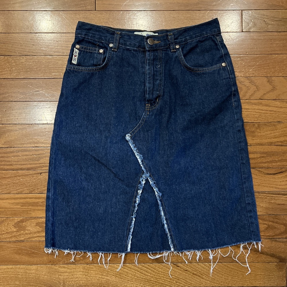 Vintage Billy Blues Denim Midi Skirt USA Size 4 Raw Hem Front Slit 100% Cotton